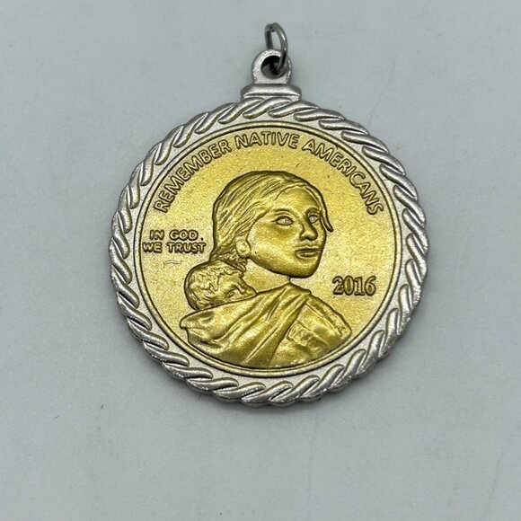 Estate Jewelry - 2016 Remember Native Americans Sacagawea Code Talkers Coin Pendant Necklace Gold